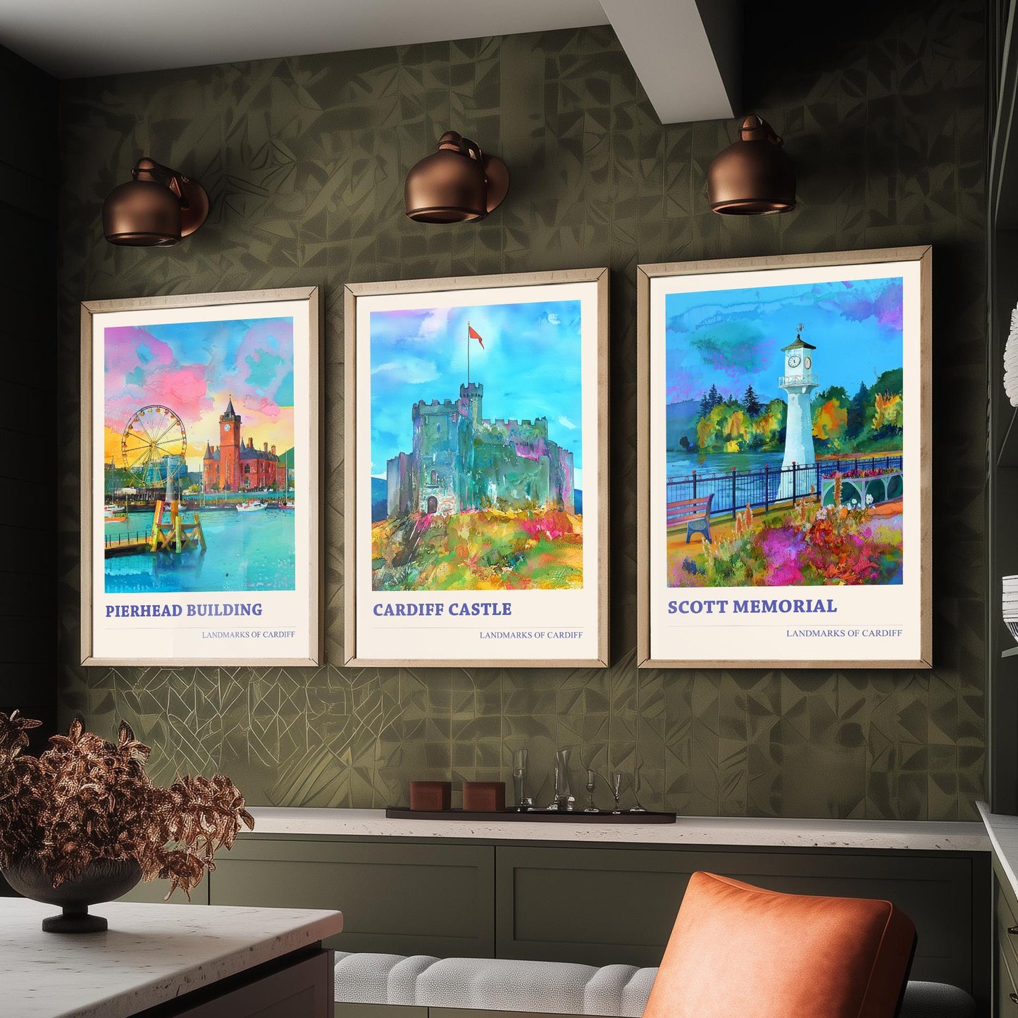Cardiff Landmarks Wales Set of Three Prints | Pierhead Building Cardiff Castle Scott Memorial | Watercolour Travel Wall Art Poster
