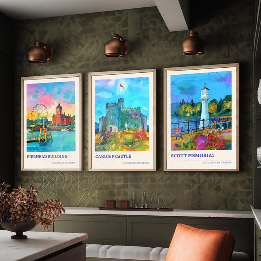 Cardiff Landmarks Wales Set of Three Prints | Pierhead Building Cardiff Castle Scott Memorial | Watercolour Travel Wall Art Poster