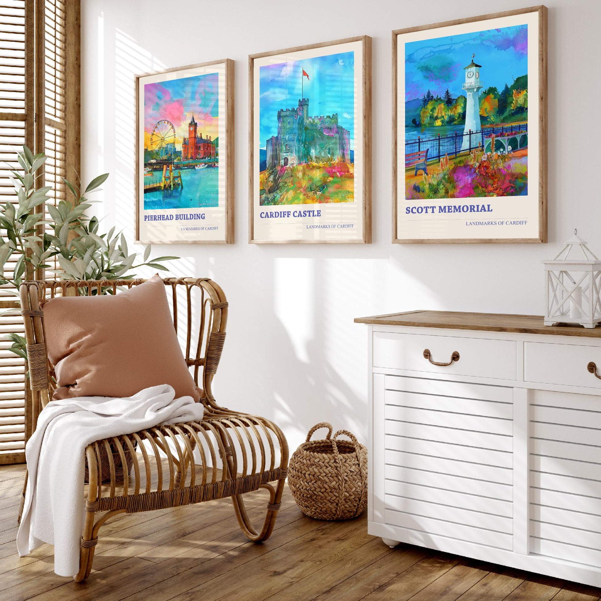 Cardiff Landmarks Wales Set of Three Prints | Pierhead Building Cardiff Castle Scott Memorial | Watercolour Travel Wall Art Poster