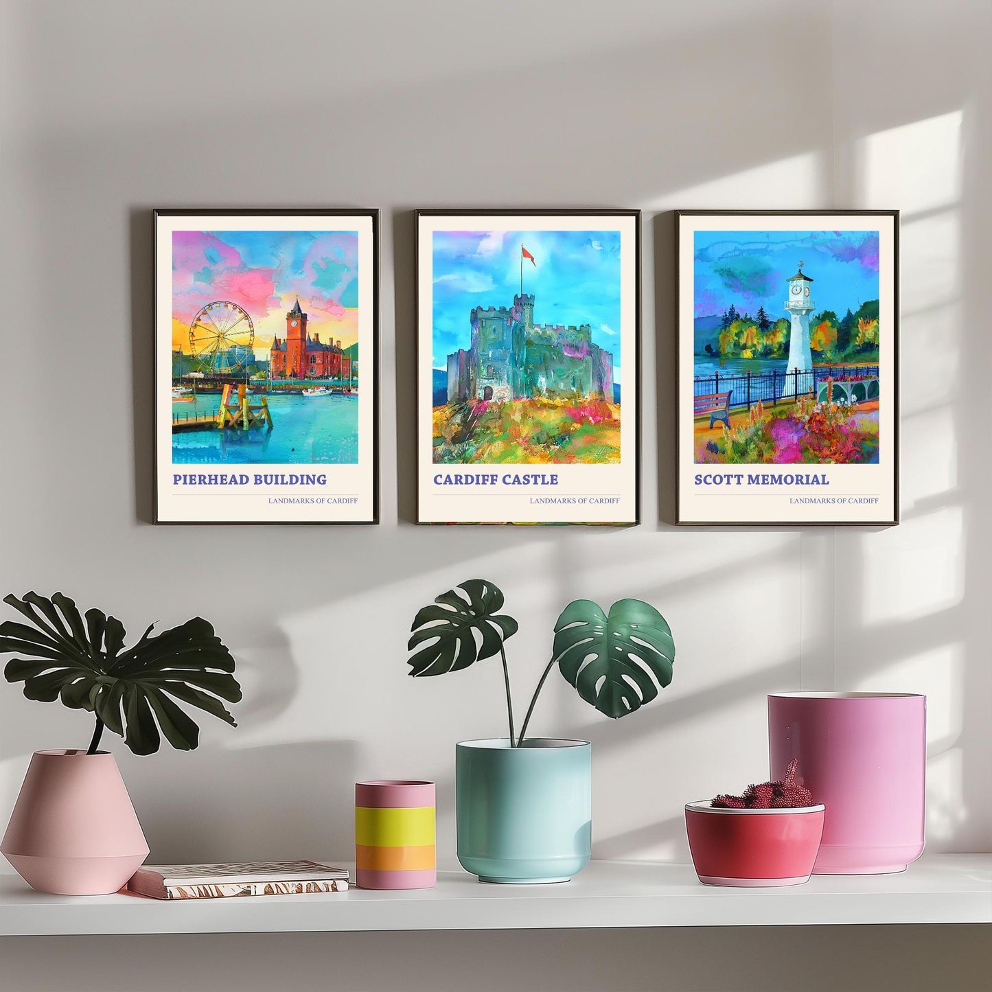 Cardiff Landmarks Wales Set of Three Prints | Pierhead Building Cardiff Castle Scott Memorial | Watercolour Travel Wall Art Poster