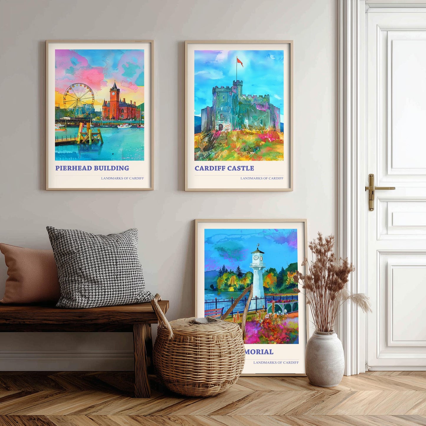 Cardiff Landmarks Wales Set of Three Prints | Pierhead Building Cardiff Castle Scott Memorial | Watercolour Travel Wall Art Poster