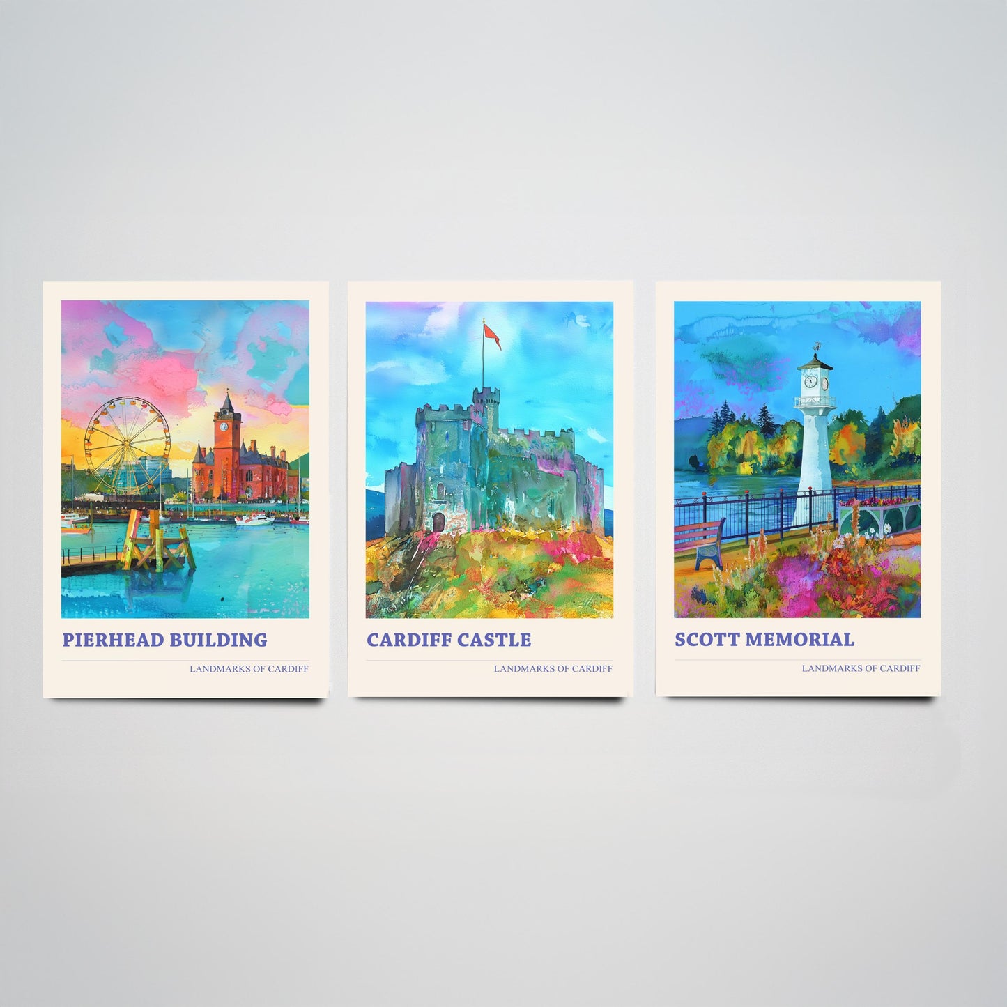 Cardiff Landmarks Wales Set of Three Prints | Pierhead Building Cardiff Castle Scott Memorial | Watercolour Travel Wall Art Poster