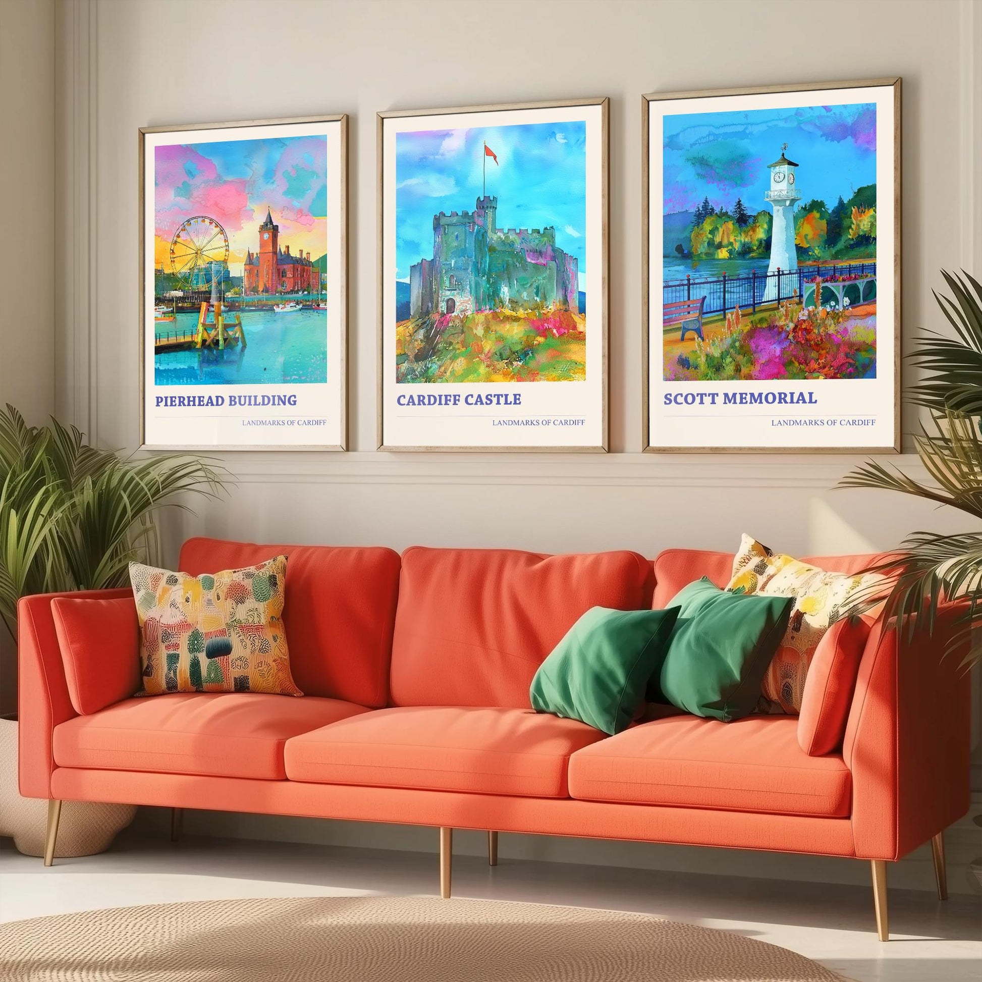 Cardiff Landmarks Wales Set of Three Prints | Pierhead Building Cardiff Castle Scott Memorial | Watercolour Travel Wall Art Poster