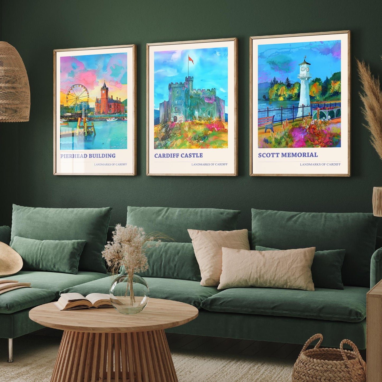 Cardiff Landmarks Wales Set of Three Prints | Pierhead Building Cardiff Castle Scott Memorial | Watercolour Travel Wall Art Poster