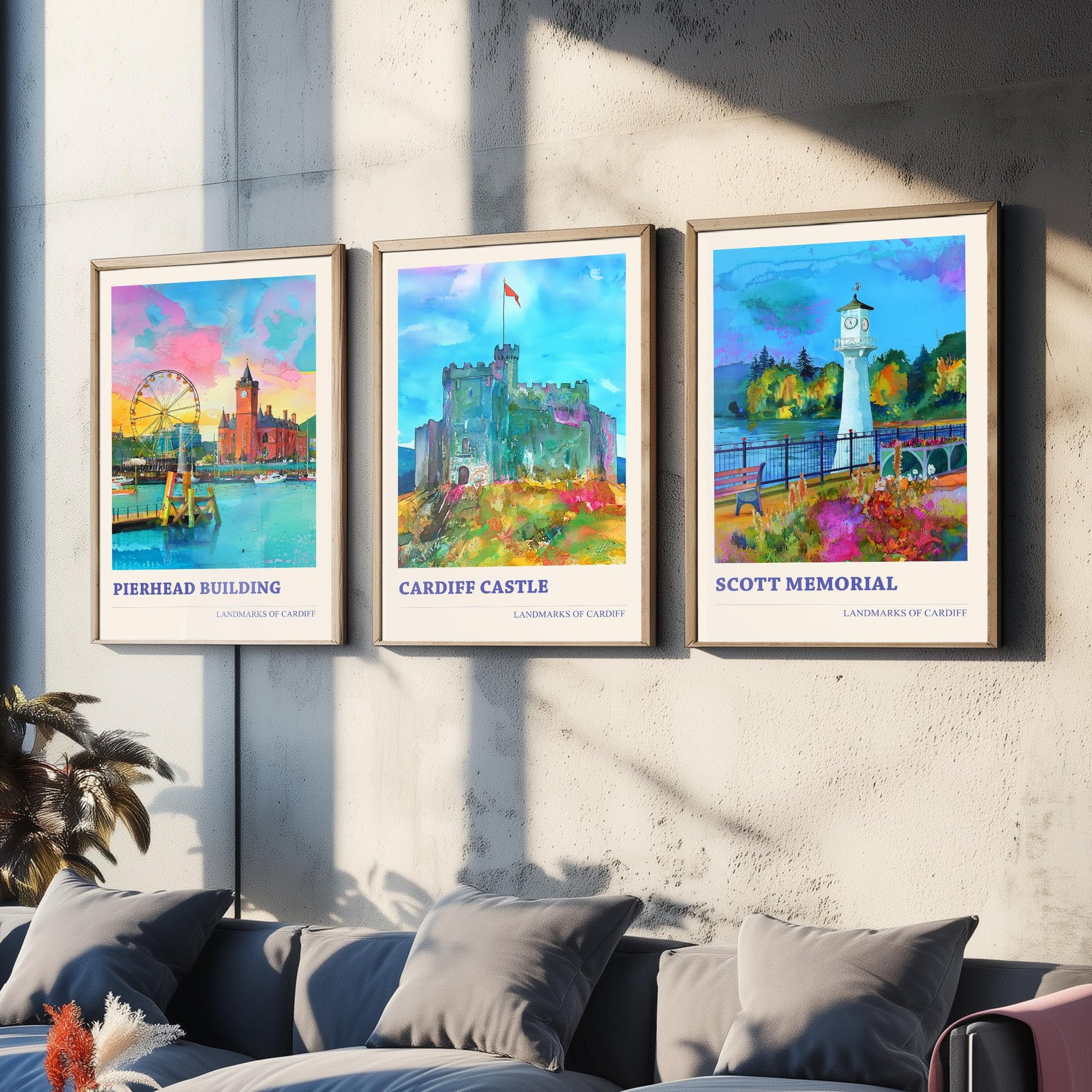 Cardiff Landmarks Wales Set of Three Prints | Pierhead Building Cardiff Castle Scott Memorial | Watercolour Travel Wall Art Poster