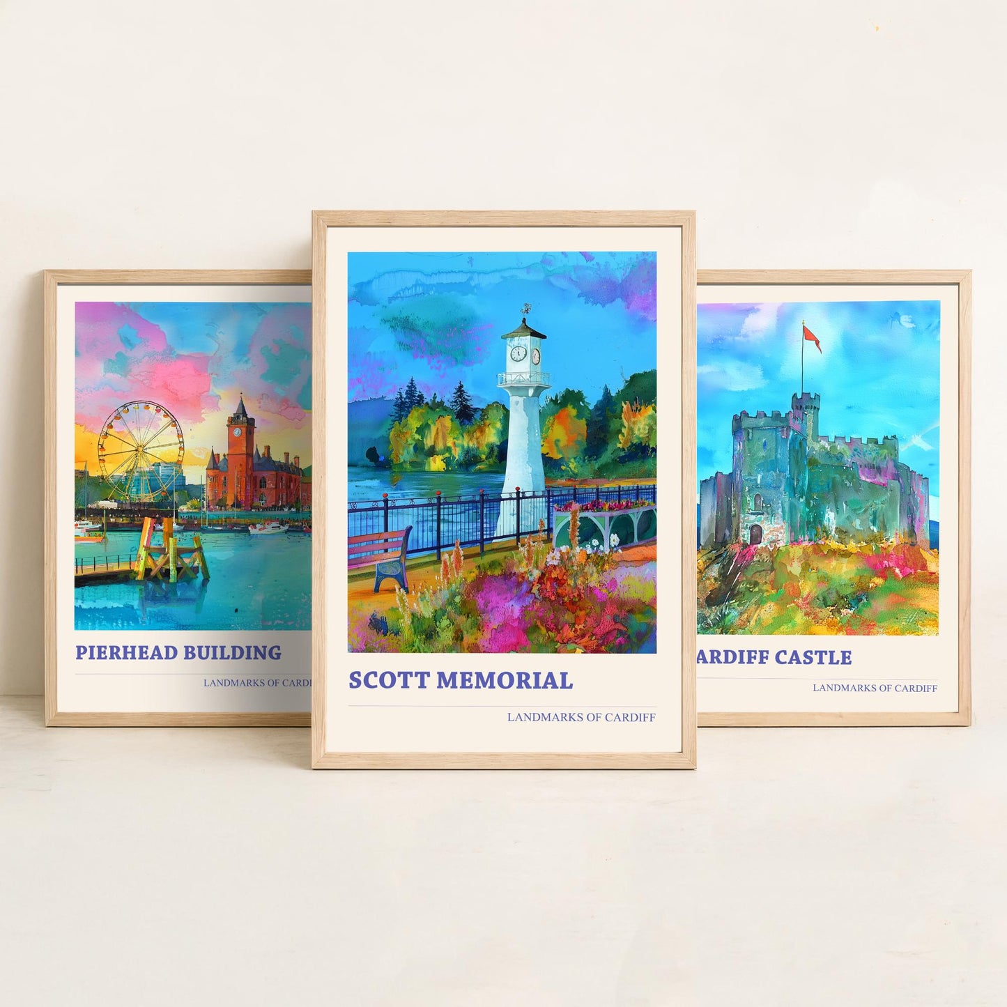 Cardiff Landmarks Wales Set of Three Prints | Pierhead Building Cardiff Castle Scott Memorial | Watercolour Travel Wall Art Poster