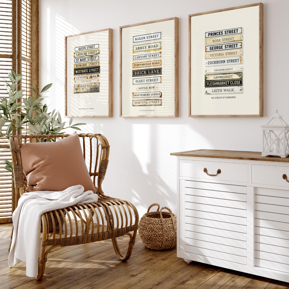 Cardiff London Edinburgh Street Signs Set of Three Art Prints - Stacked City Road Name Plates - Vintage Typographic Illustration Posters