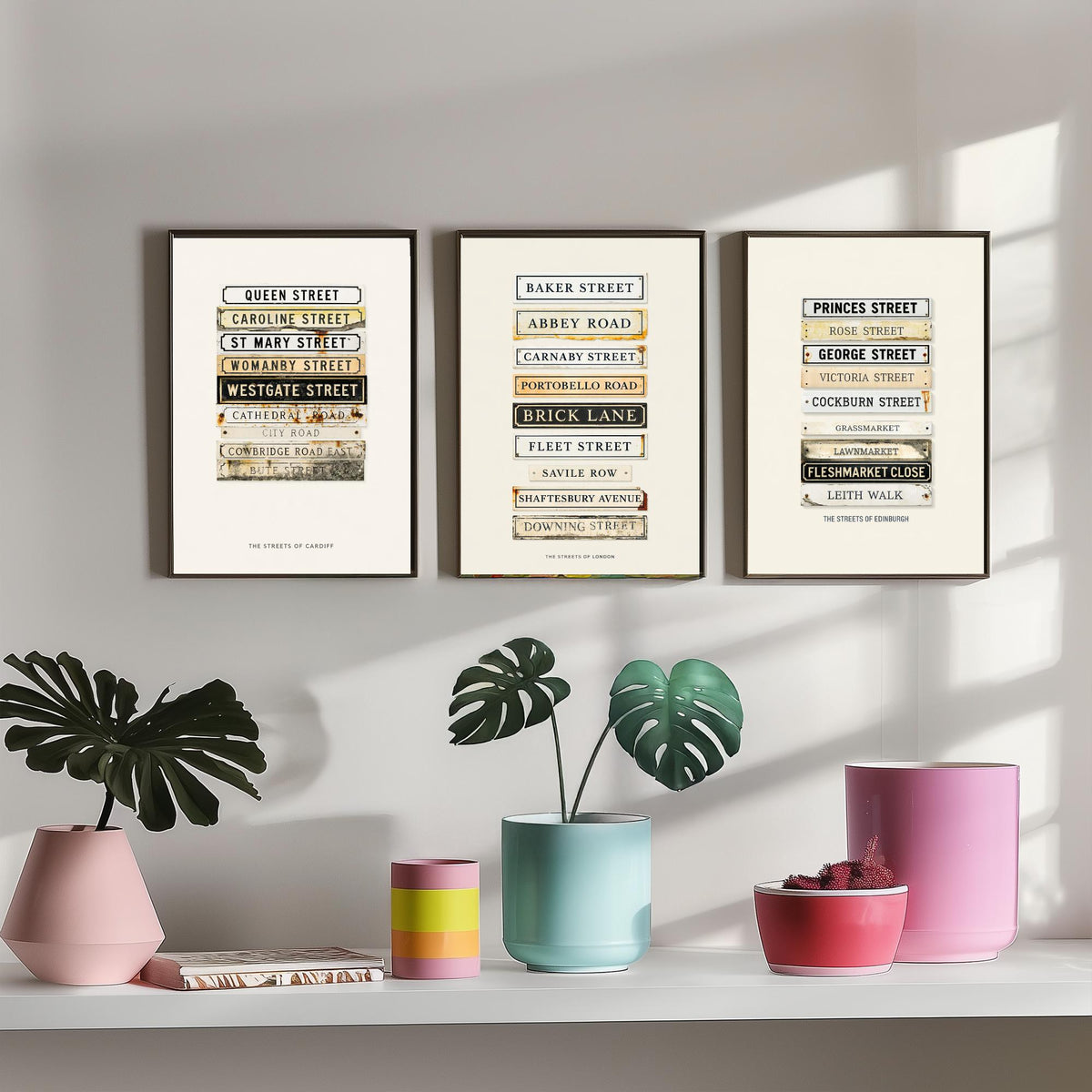 Cardiff London Edinburgh Street Signs Set of Three Art Prints - Stacked City Road Name Plates - Vintage Typographic Illustration Posters