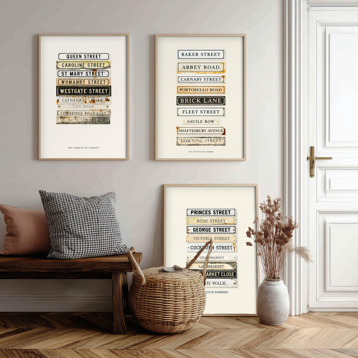 Cardiff London Edinburgh Street Signs Set of Three Art Prints - Stacked City Road Name Plates - Vintage Typographic Illustration Posters