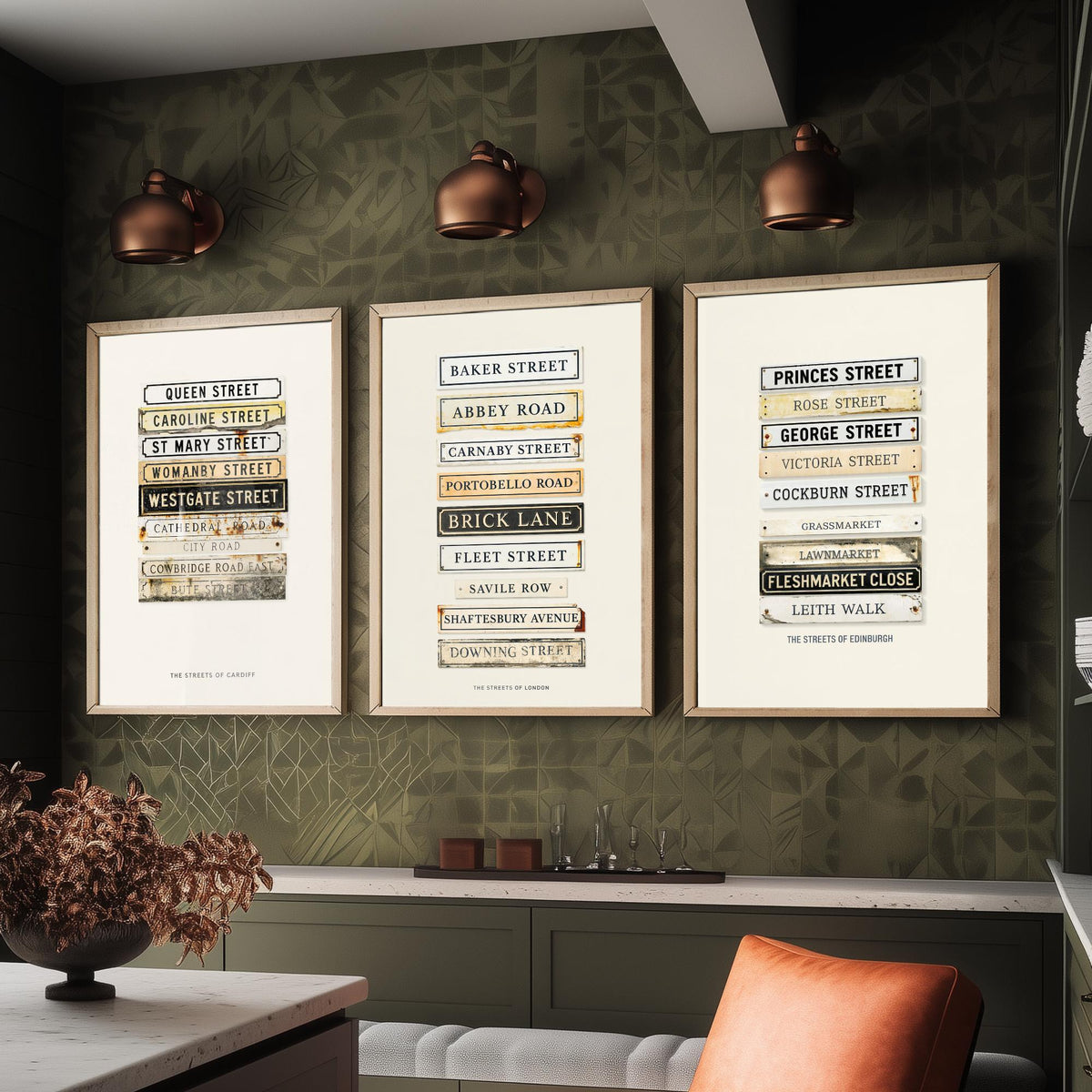 Cardiff London Edinburgh Street Signs Set of Three Art Prints - Stacked City Road Name Plates - Vintage Typographic Illustration Posters