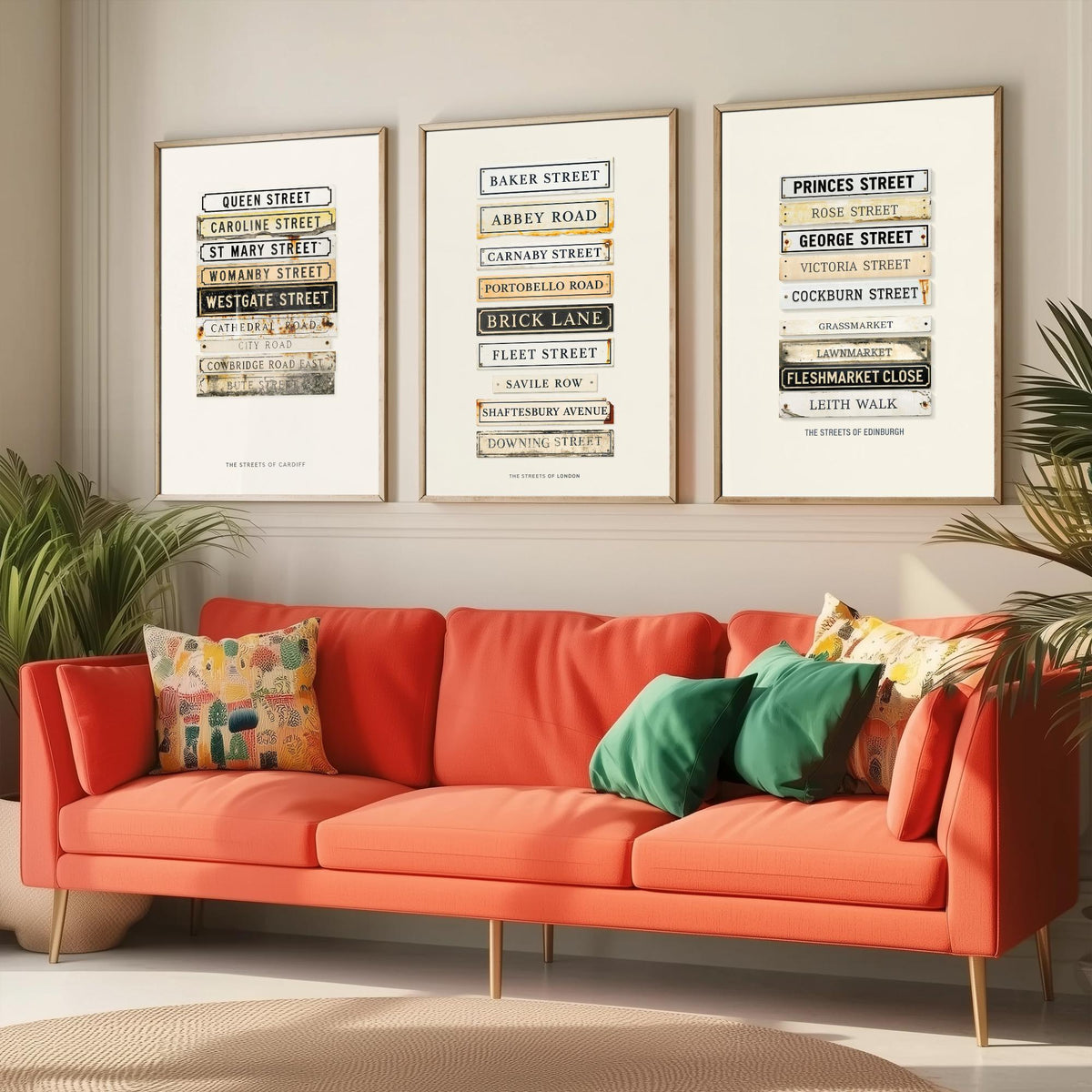 Cardiff London Edinburgh Street Signs Set of Three Art Prints - Stacked City Road Name Plates - Vintage Typographic Illustration Posters
