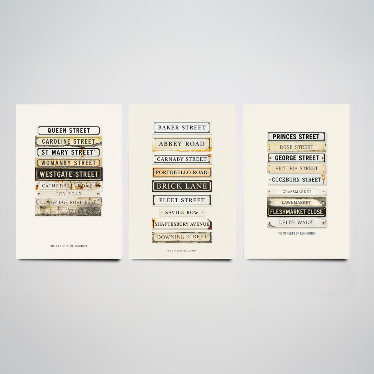 Cardiff London Edinburgh Street Signs Set of Three Art Prints - Stacked City Road Name Plates - Vintage Typographic Illustration Posters