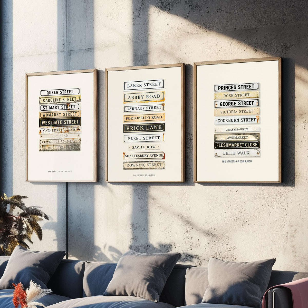 Cardiff London Edinburgh Street Signs Set of Three Art Prints - Stacked City Road Name Plates - Vintage Typographic Illustration Posters