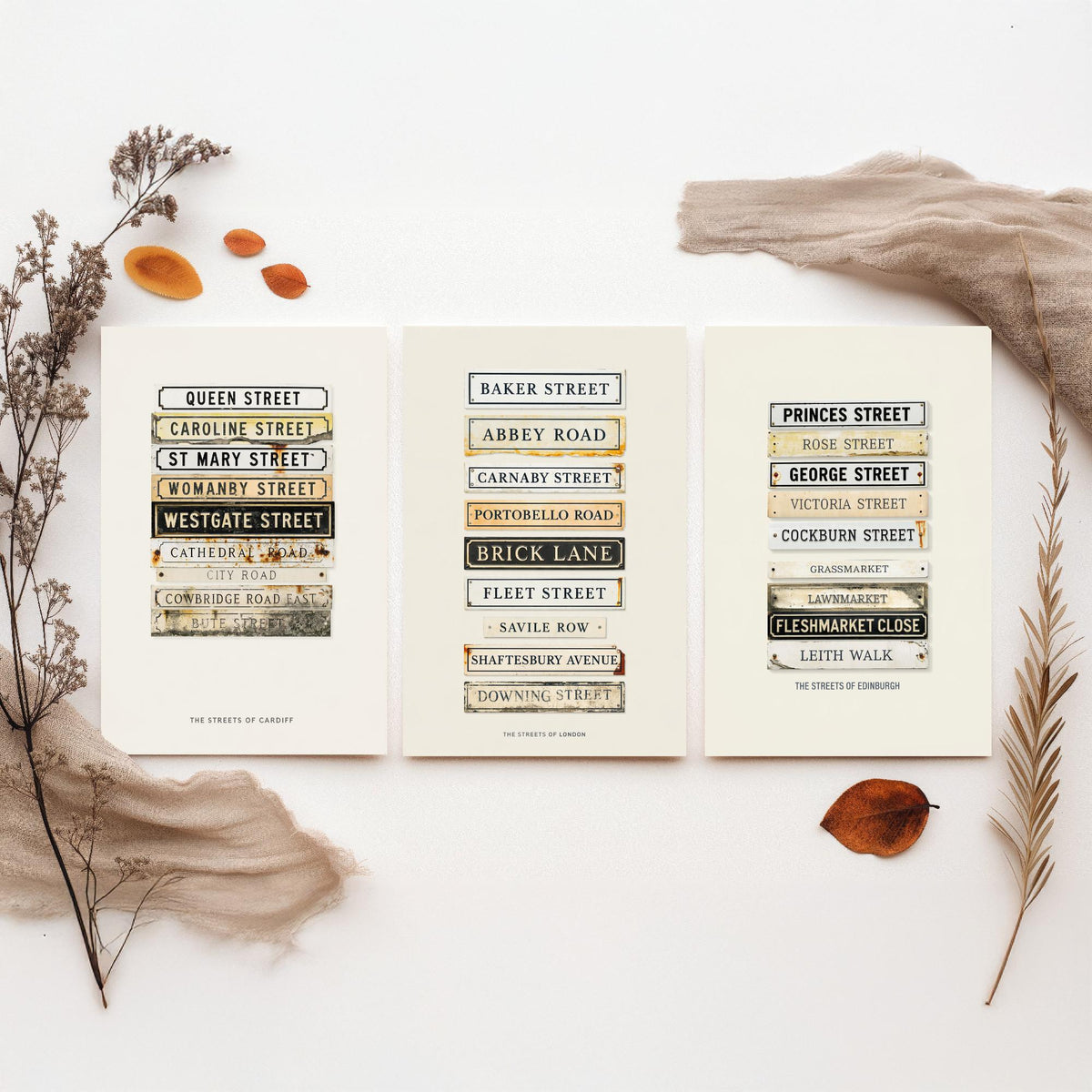 Cardiff London Edinburgh Street Signs Set of Three Art Prints - Stacked City Road Name Plates - Vintage Typographic Illustration Posters