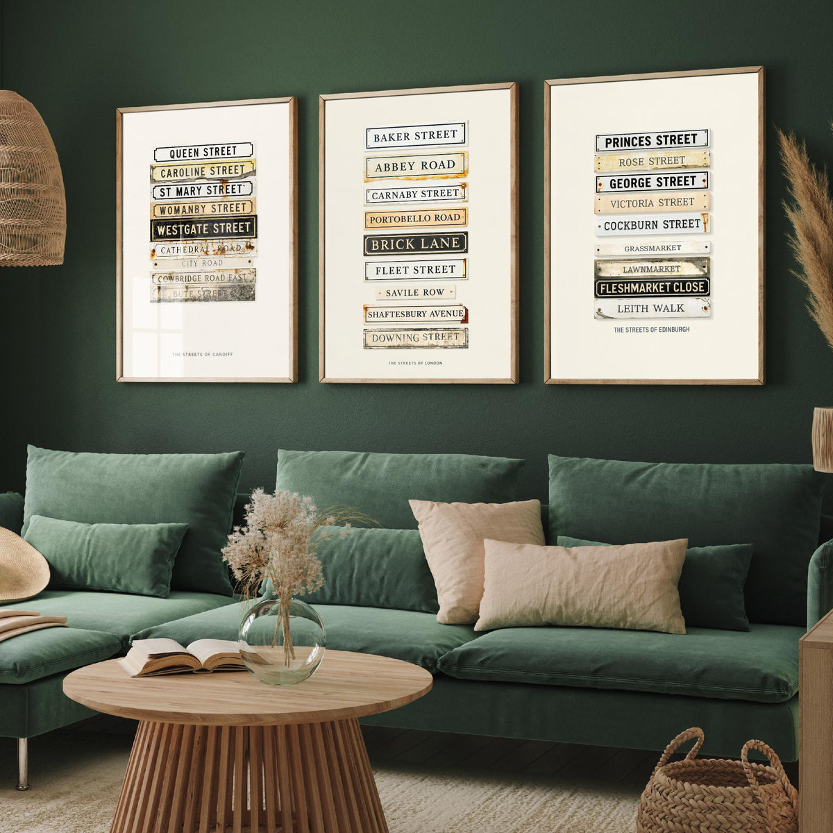 Cardiff London Edinburgh Street Signs Set of Three Art Prints - Stacked City Road Name Plates - Vintage Typographic Illustration Posters