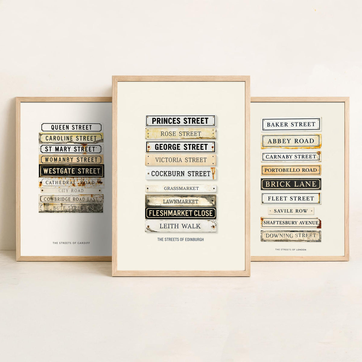 Cardiff London Edinburgh Street Signs Set of Three Art Prints - Stacked City Road Name Plates - Vintage Typographic Illustration Posters