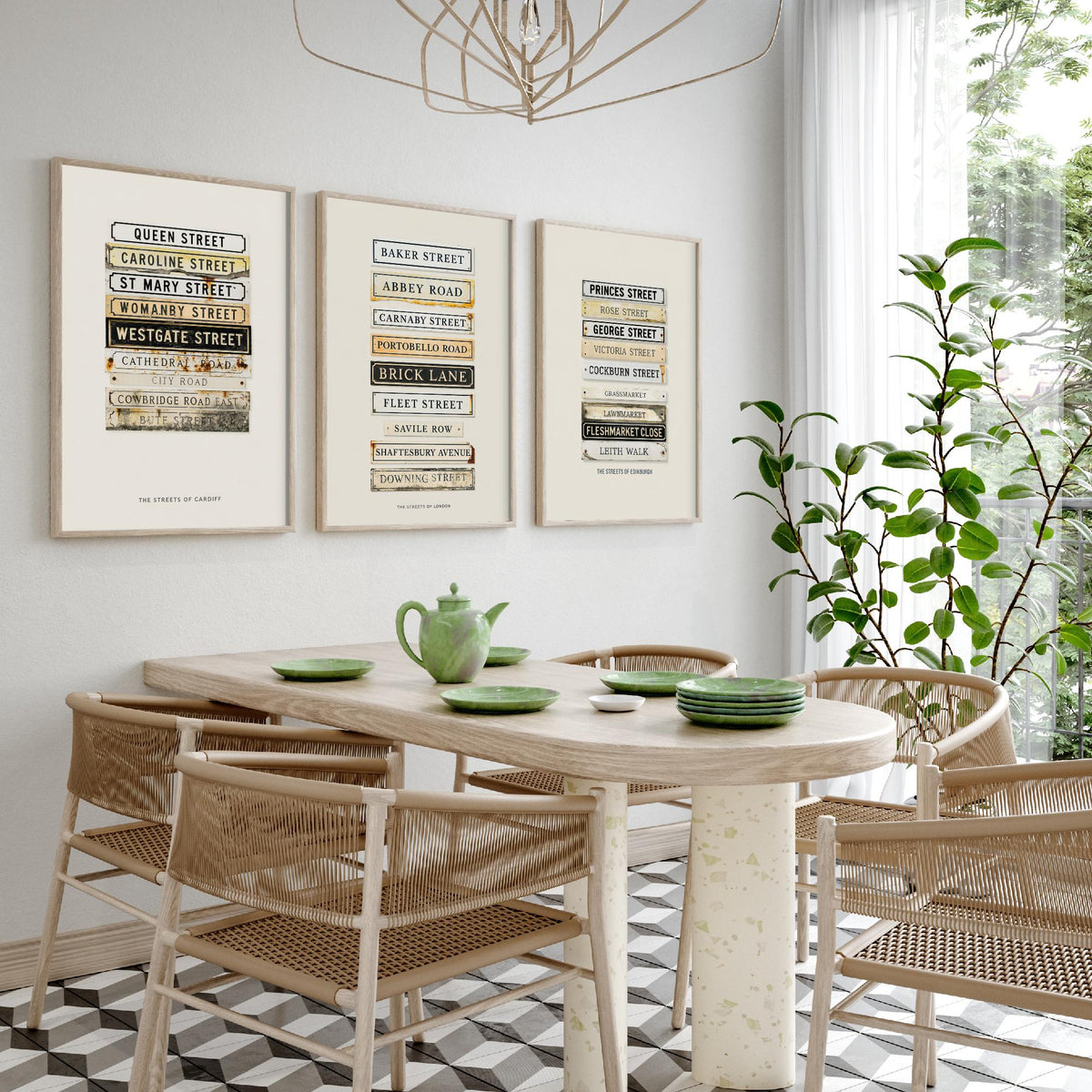 Cardiff London Edinburgh Street Signs Set of Three Art Prints - Stacked City Road Name Plates - Vintage Typographic Illustration Posters