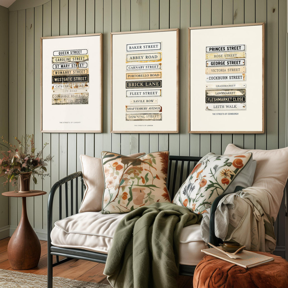 Cardiff London Edinburgh Street Signs Set of Three Art Prints - Stacked City Road Name Plates - Vintage Typographic Illustration Posters