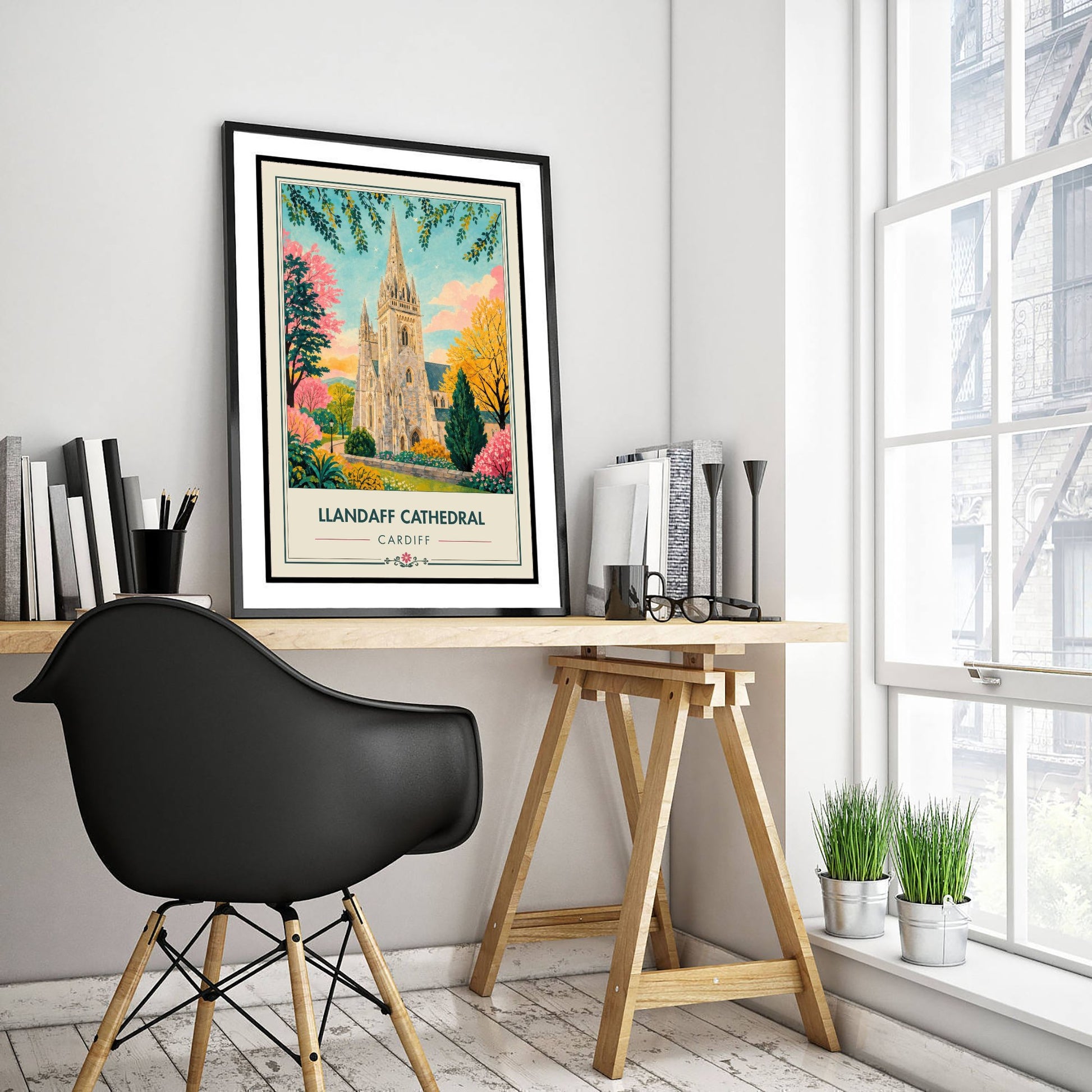 Llandaff Cathedral Travel Poster - Cardiff Wales Art Print - Vintage City Illustration - Welsh Landmark 1/3