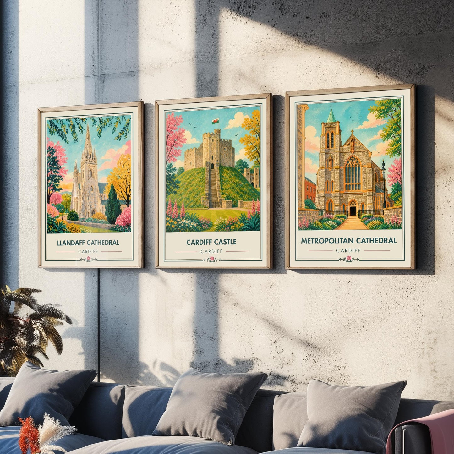 Cardiff Wales Set of Three Travel Posters - Llandaff Cathedral, Cardiff Castle, Metropolitan Cathedral - Retro City Illustration Print
