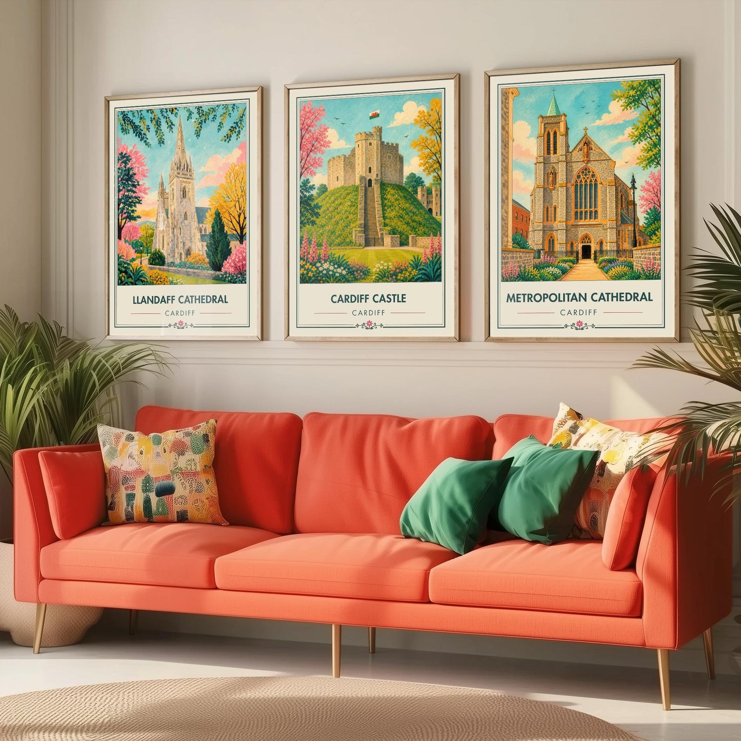 Cardiff Wales Set of Three Travel Posters - Llandaff Cathedral, Cardiff Castle, Metropolitan Cathedral - Retro City Illustration Print