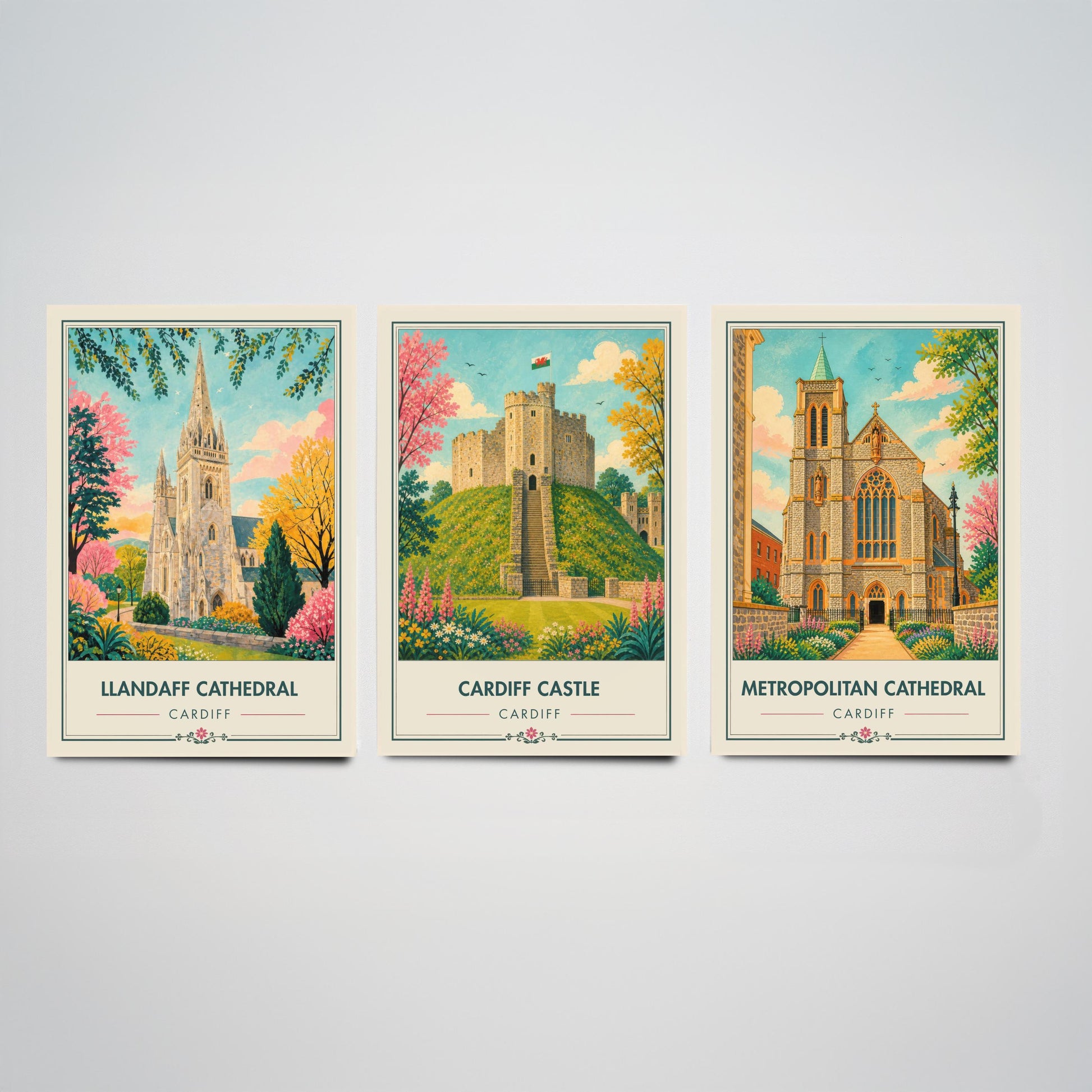 Cardiff Wales Set of Three Travel Posters - Llandaff Cathedral, Cardiff Castle, Metropolitan Cathedral - Retro City Illustration Print