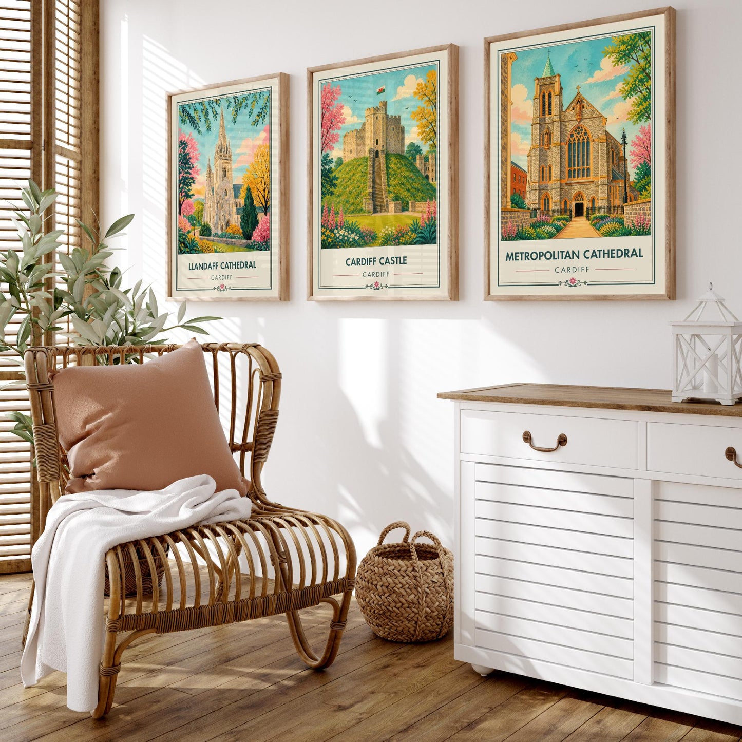 Cardiff Wales Set of Three Travel Posters - Llandaff Cathedral, Cardiff Castle, Metropolitan Cathedral - Retro City Illustration Print