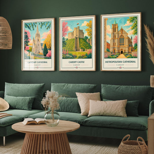 Cardiff Wales Set of Three Travel Posters - Llandaff Cathedral, Cardiff Castle, Metropolitan Cathedral - Retro City Illustration Print