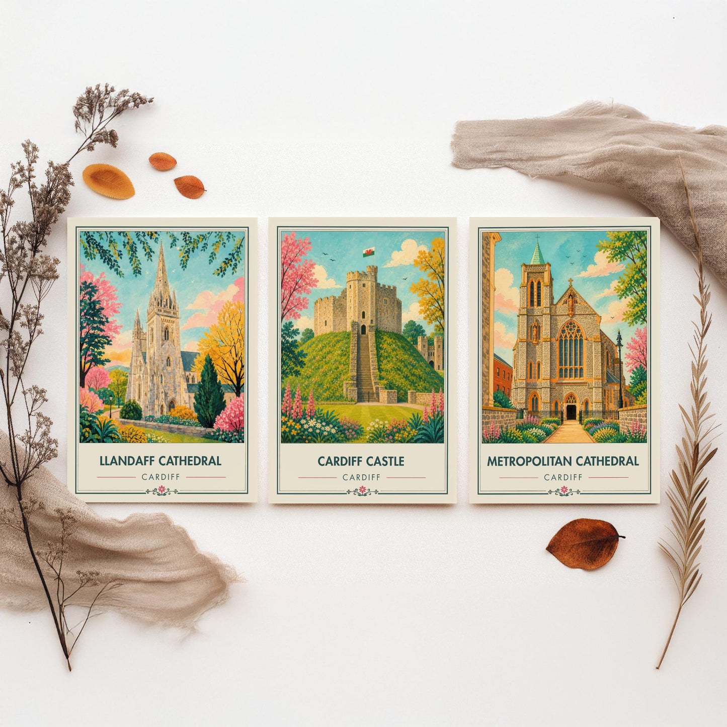 Cardiff Wales Set of Three Travel Posters - Llandaff Cathedral, Cardiff Castle, Metropolitan Cathedral - Retro City Illustration Print