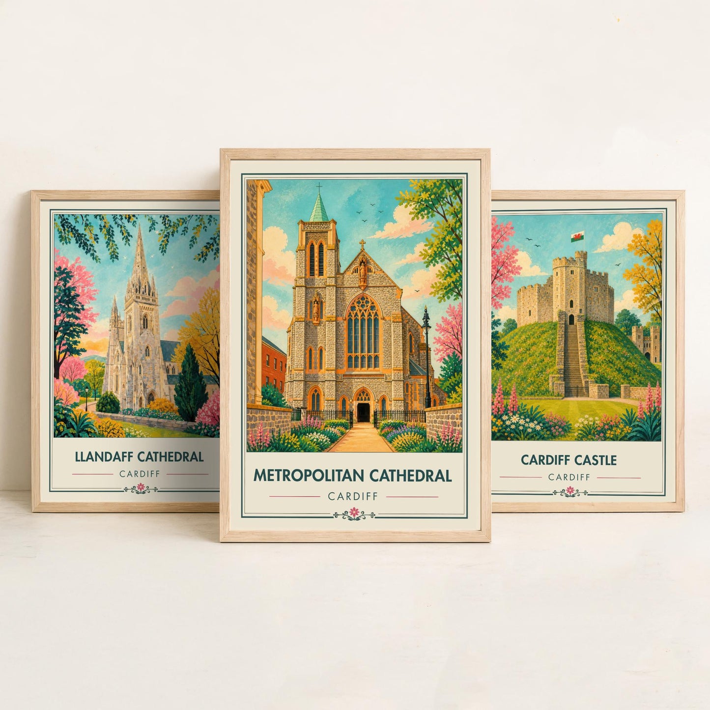 Cardiff Wales Set of Three Travel Posters - Llandaff Cathedral, Cardiff Castle, Metropolitan Cathedral - Retro City Illustration Print