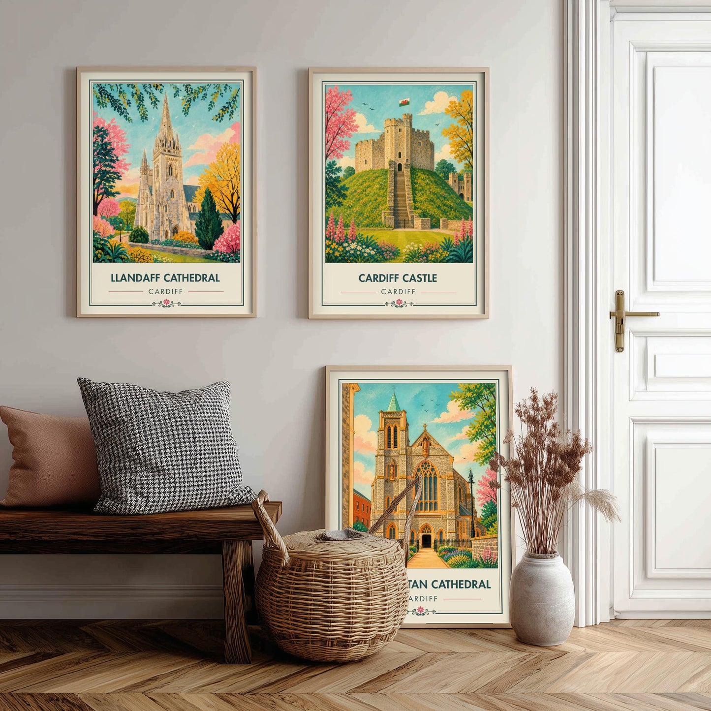 Cardiff Wales Set of Three Travel Posters - Llandaff Cathedral, Cardiff Castle, Metropolitan Cathedral - Retro City Illustration Print