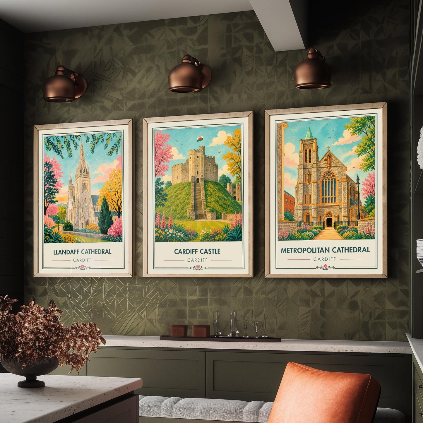 Cardiff Wales Set of Three Travel Posters - Llandaff Cathedral, Cardiff Castle, Metropolitan Cathedral - Retro City Illustration Print