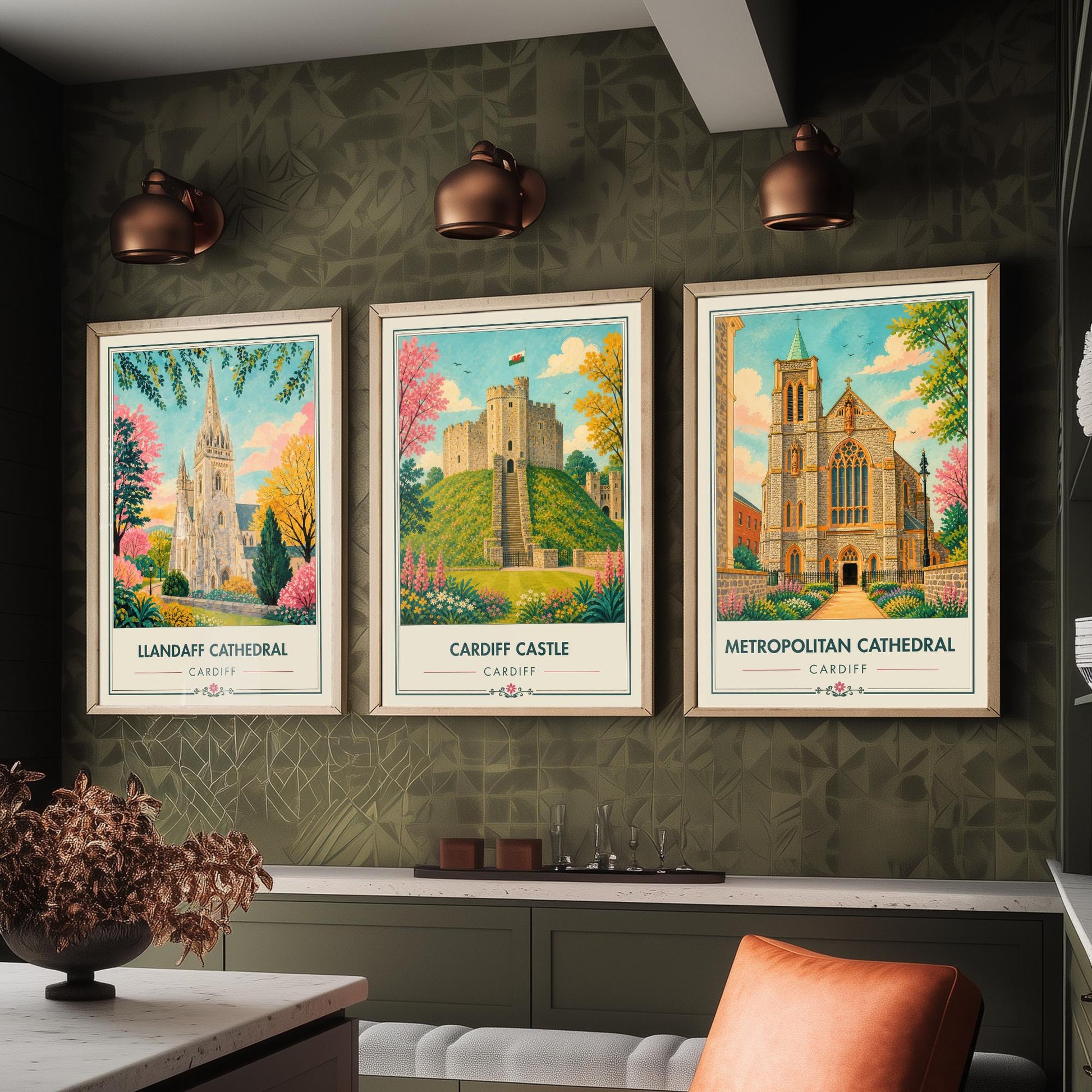 Cardiff Wales Set of Three Travel Posters - Llandaff Cathedral, Cardiff Castle, Metropolitan Cathedral - Retro City Illustration Print