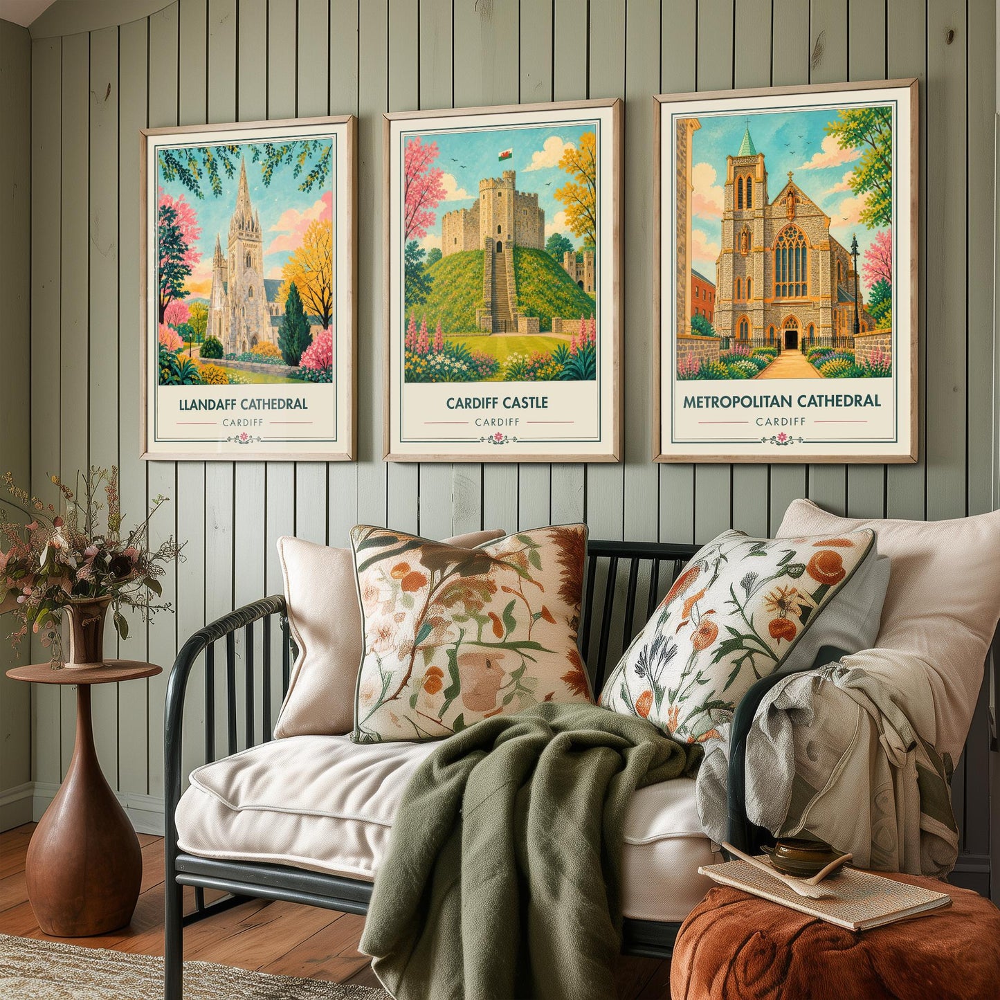 Cardiff Wales Set of Three Travel Posters - Llandaff Cathedral, Cardiff Castle, Metropolitan Cathedral - Retro City Illustration Print