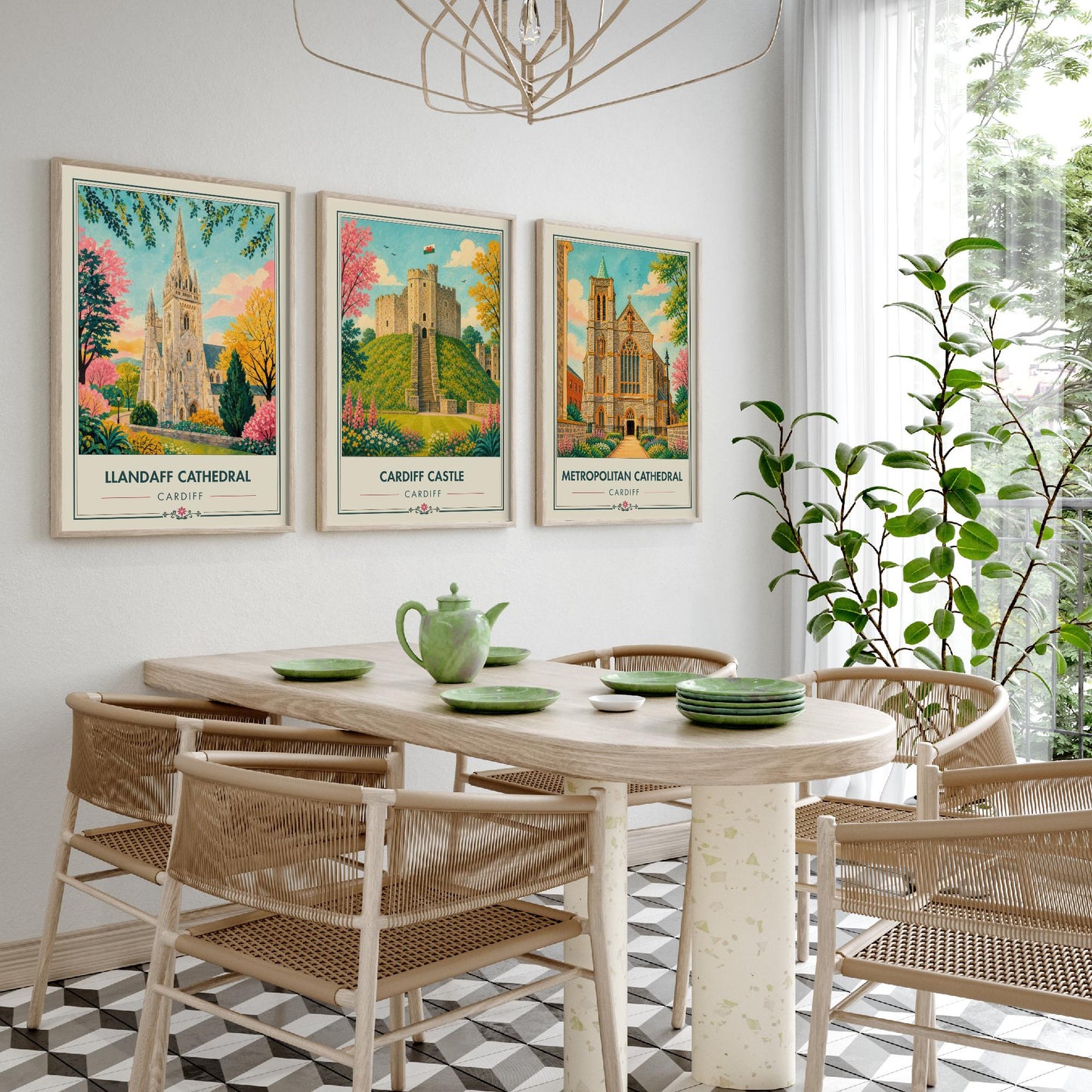 Cardiff Wales Set of Three Travel Posters - Llandaff Cathedral, Cardiff Castle, Metropolitan Cathedral - Retro City Illustration Print