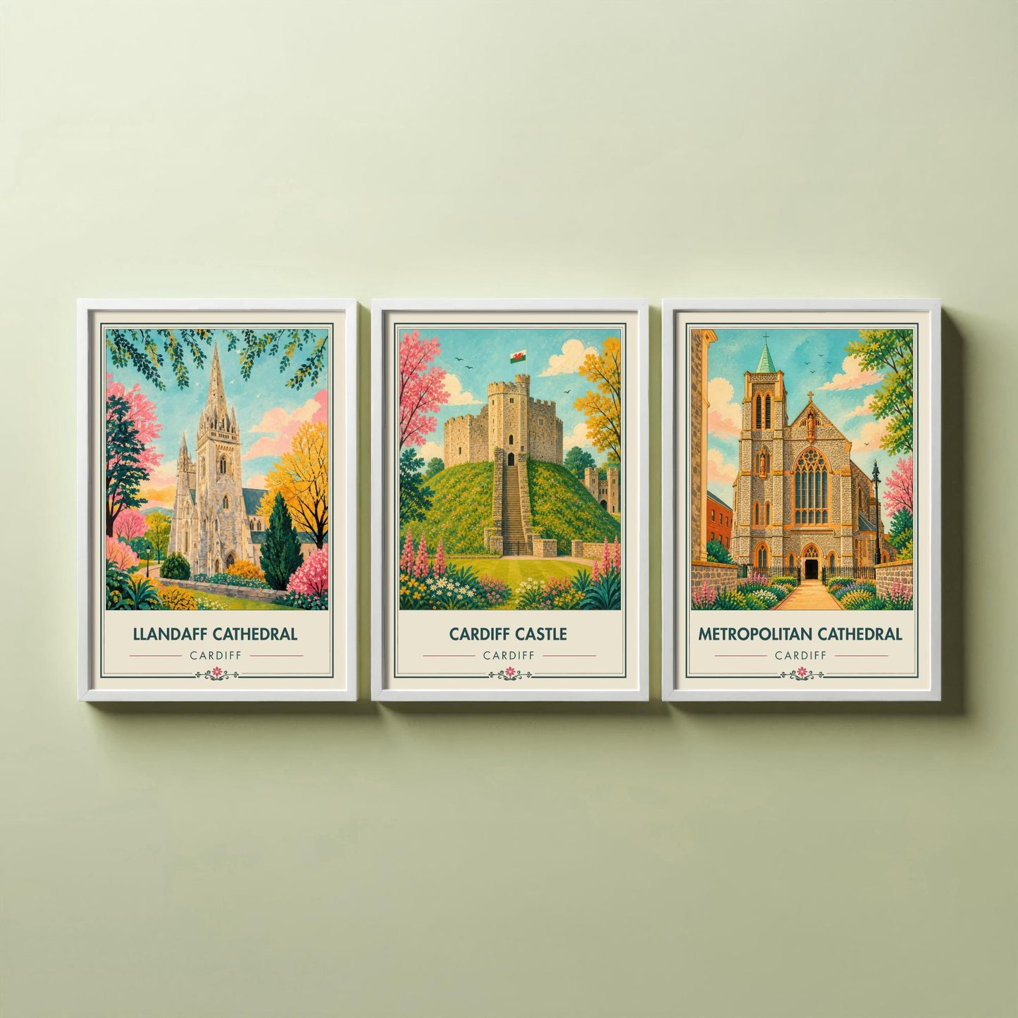 Cardiff Wales Set of Three Travel Posters - Llandaff Cathedral, Cardiff Castle, Metropolitan Cathedral - Retro City Illustration Print