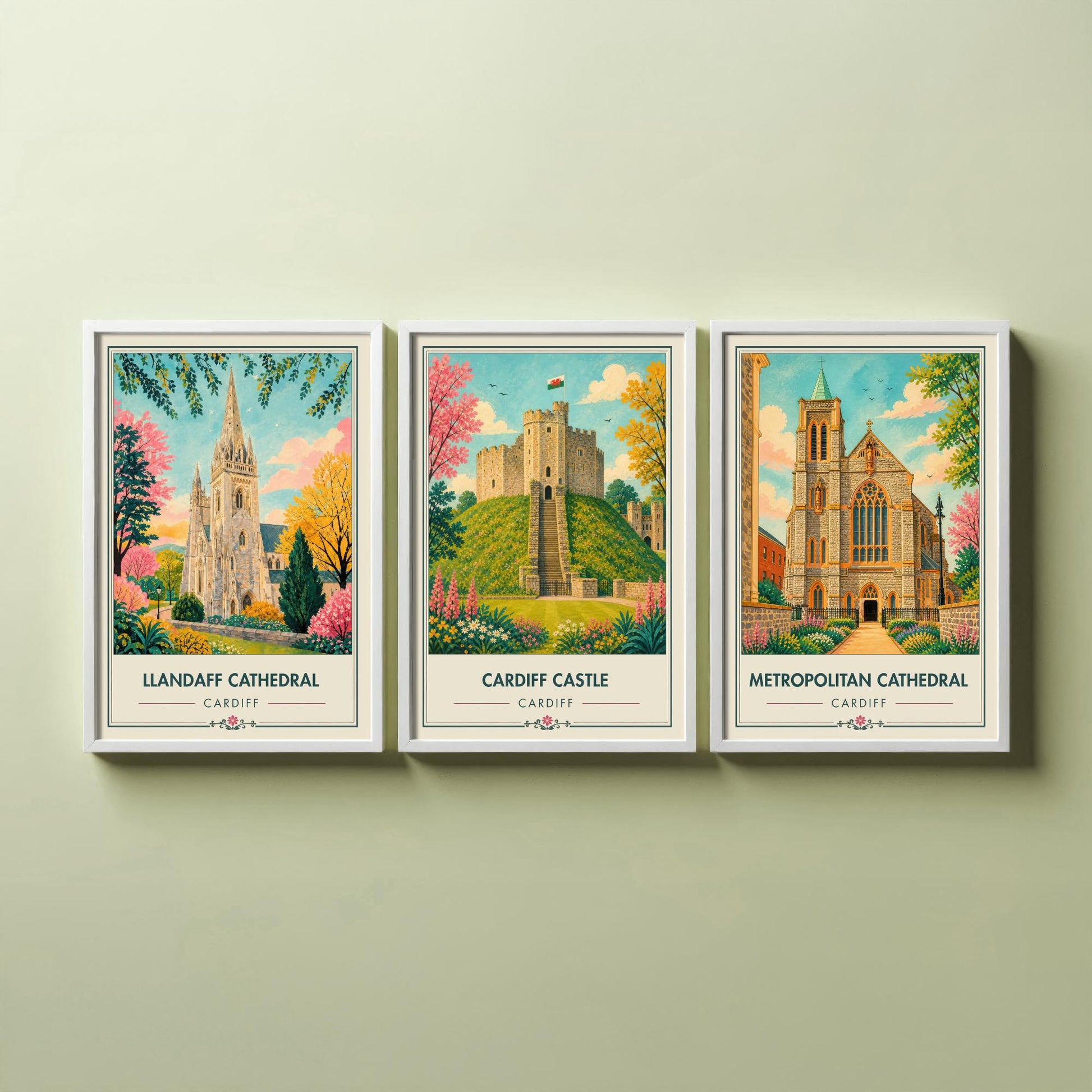 Cardiff Wales Set of Three Travel Posters - Llandaff Cathedral, Cardiff Castle, Metropolitan Cathedral - Retro City Illustration Print