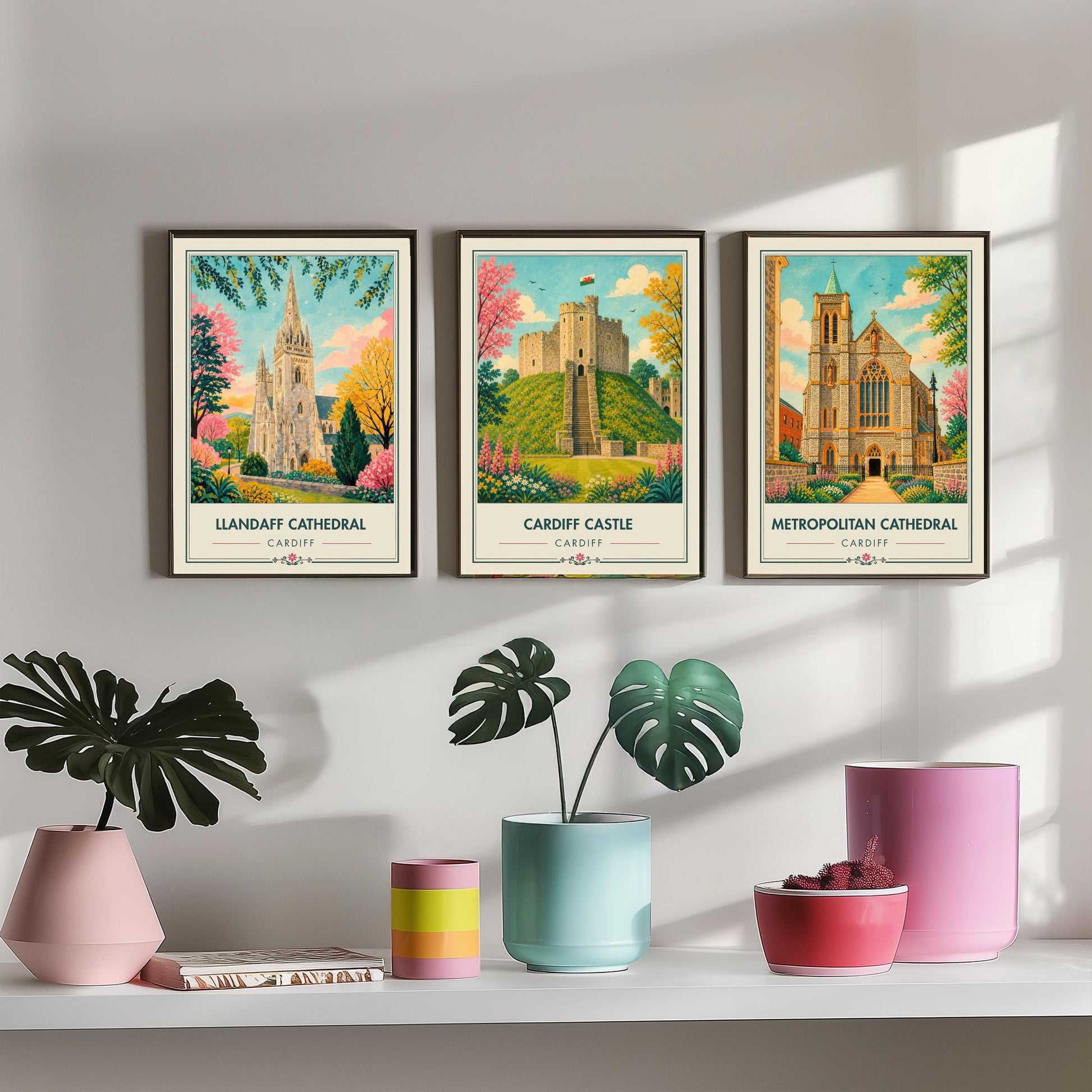 Cardiff Wales Set of Three Travel Posters - Llandaff Cathedral, Cardiff Castle, Metropolitan Cathedral - Retro City Illustration Print
