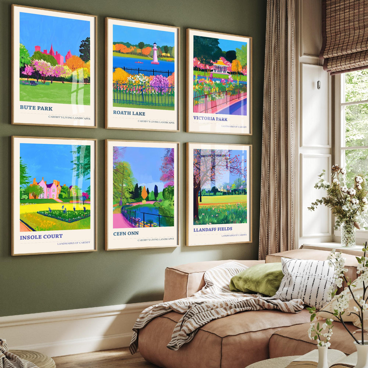 Set of Six Cardiff Park Art Prints - 6 Living Landscapes Posters - Bute Park, Roath Lake, Victoria Park, Insole Court, Llandaff Painting
