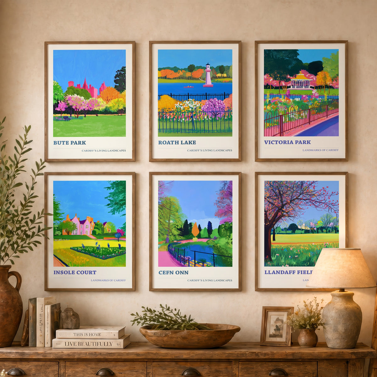 Set of Six Cardiff Park Art Prints - 6 Living Landscapes Posters - Bute Park, Roath Lake, Victoria Park, Insole Court, Llandaff Painting