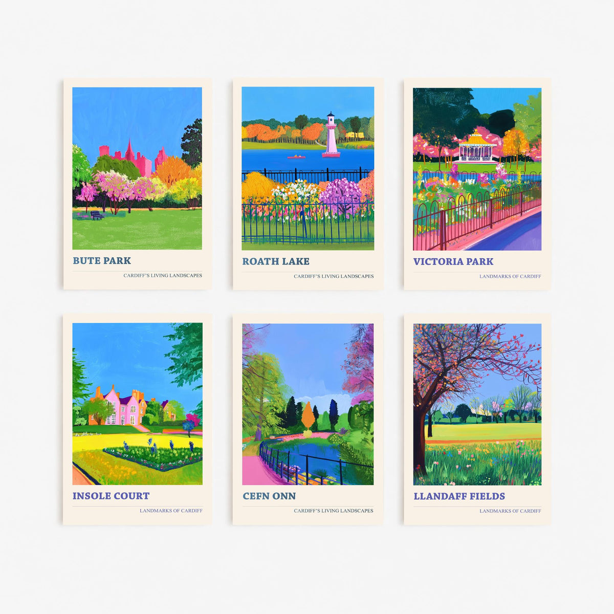 Set of Six Cardiff Park Art Prints - 6 Living Landscapes Posters - Bute Park, Roath Lake, Victoria Park, Insole Court, Llandaff Painting