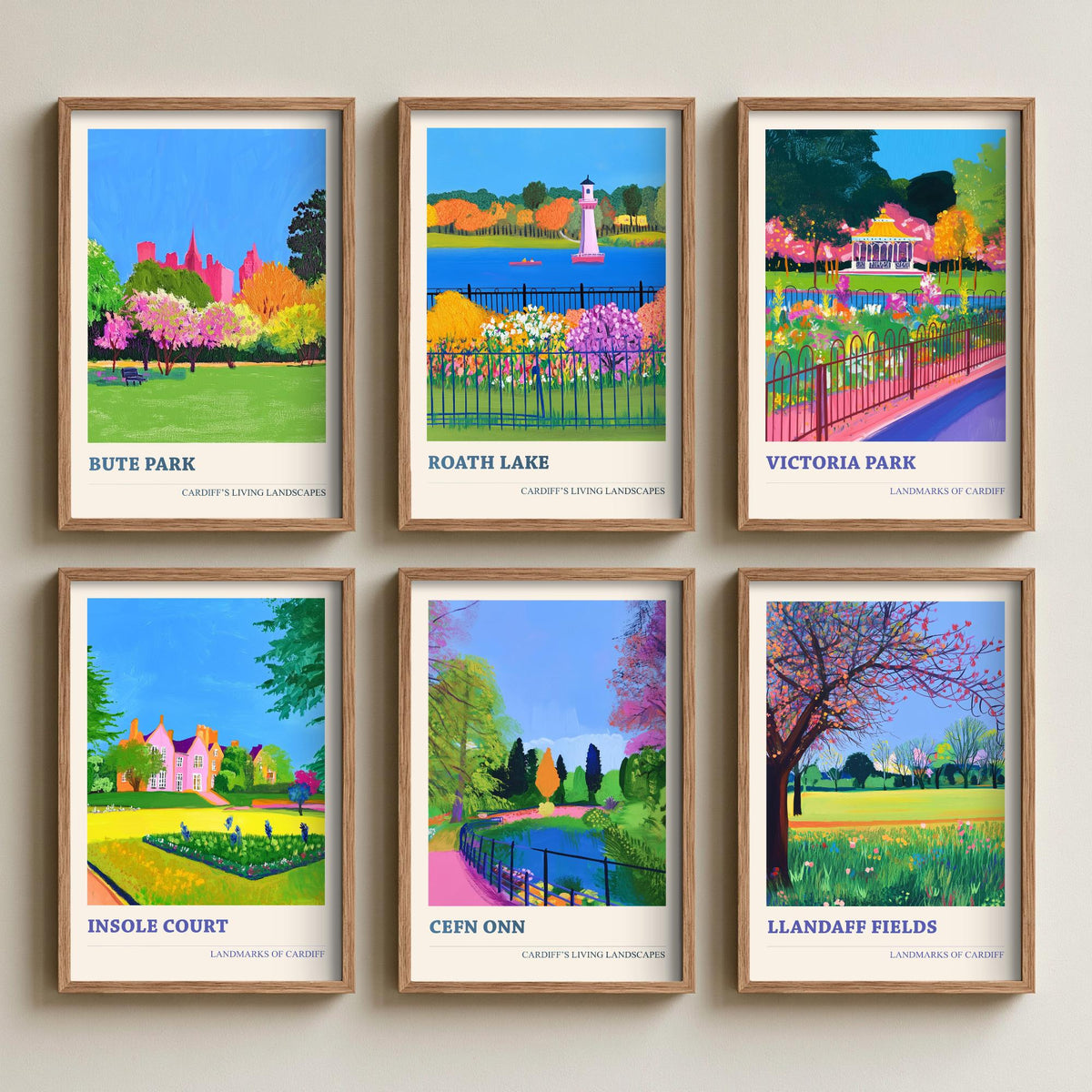 Set of Six Cardiff Park Art Prints - 6 Living Landscapes Posters - Bute Park, Roath Lake, Victoria Park, Insole Court, Llandaff Painting