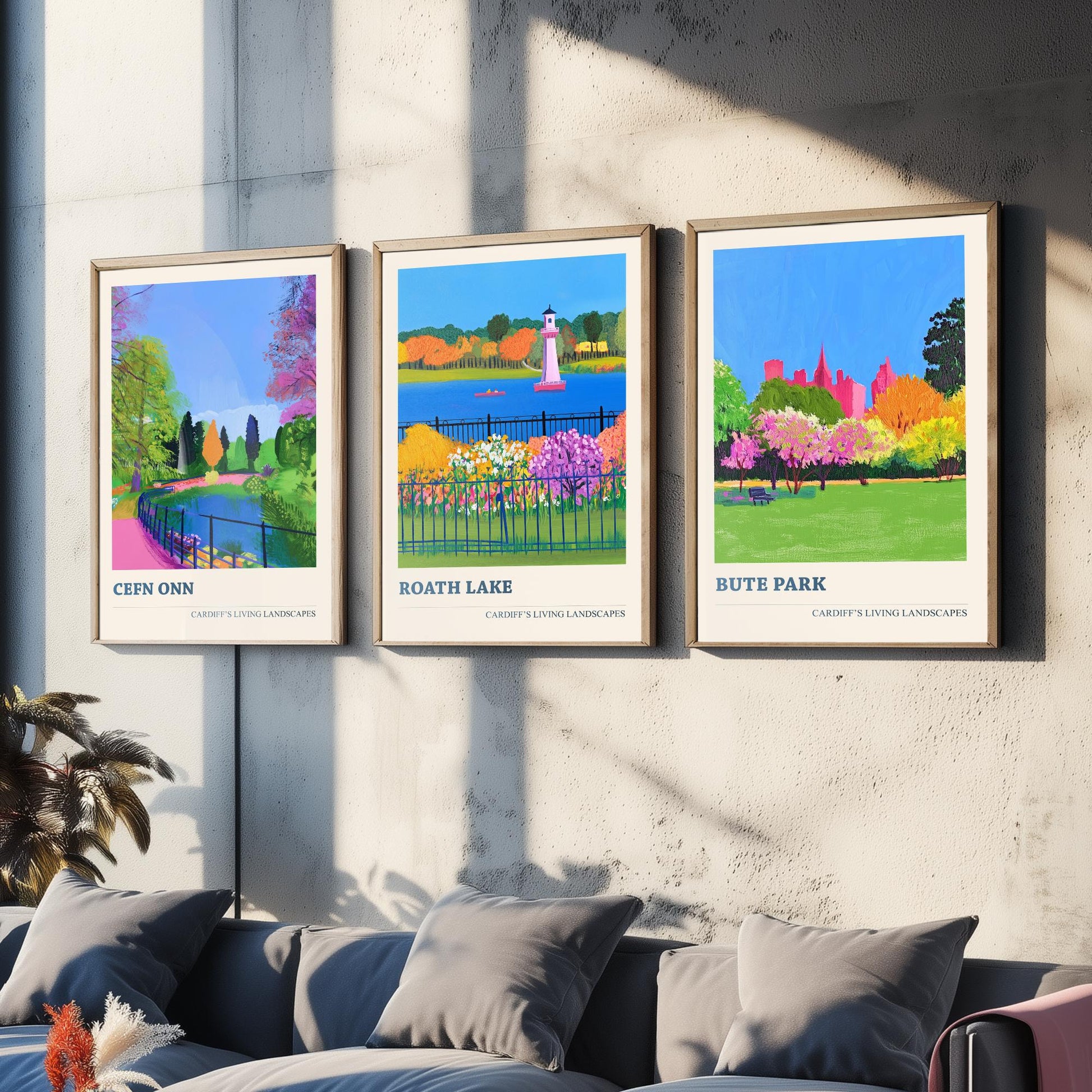 Cardiff Parks Set of Three Art Prints | Cefn Onn Roath Lake Bute Park | Bold Cardiff Landscape Painting Wall Poster Wales