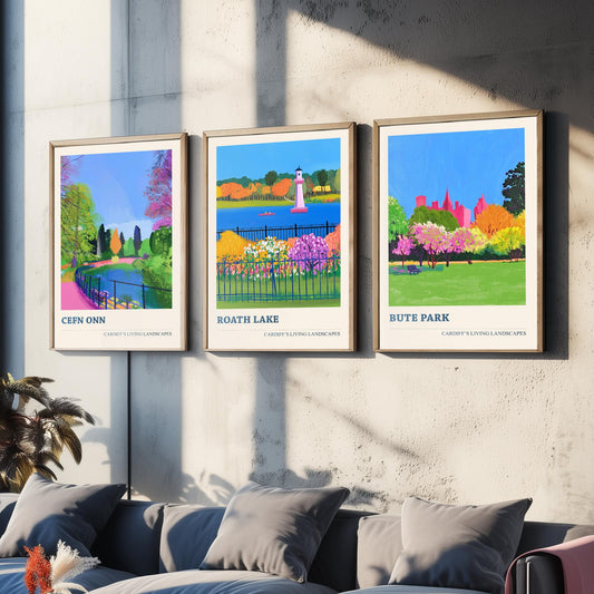 Cardiff Parks Set of Three Art Prints | Cefn Onn Roath Lake Bute Park | Bold Cardiff Landscape Painting Wall Poster Wales