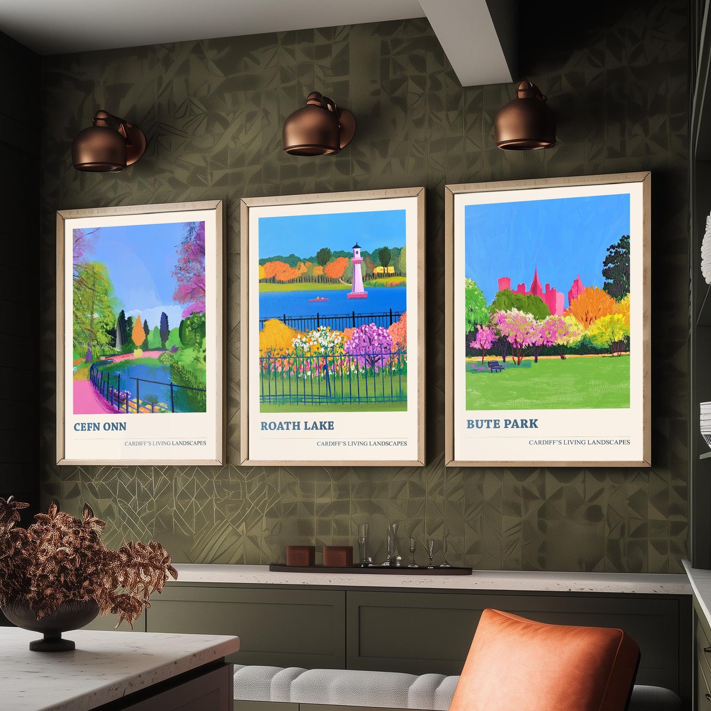 Cardiff Parks Set of Three Art Prints | Cefn Onn Roath Lake Bute Park | Bold Cardiff Landscape Painting Wall Poster Wales