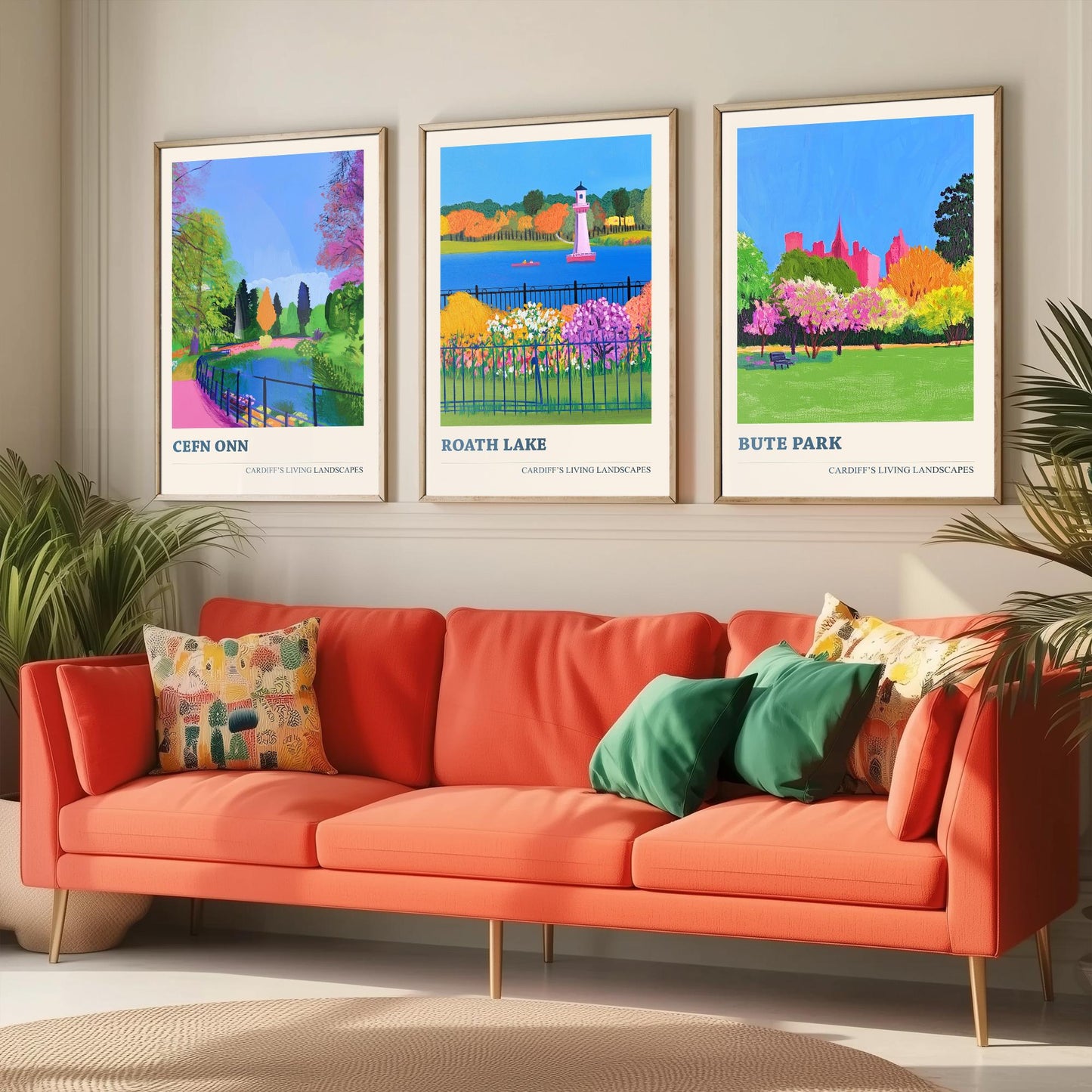 Cardiff Parks Set of Three Art Prints | Cefn Onn Roath Lake Bute Park | Bold Cardiff Landscape Painting Wall Poster Wales