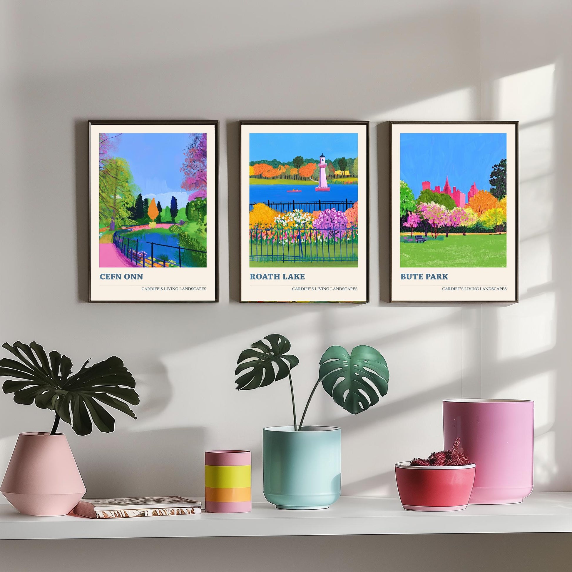 Cardiff Parks Set of Three Art Prints | Cefn Onn Roath Lake Bute Park | Bold Cardiff Landscape Painting Wall Poster Wales