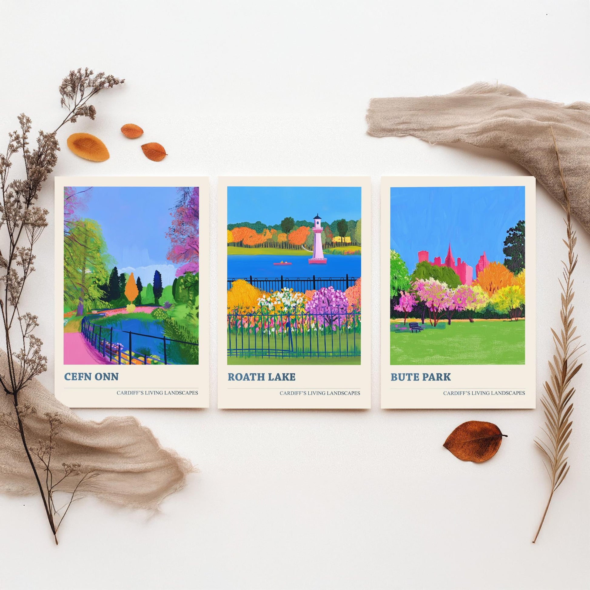 Cardiff Parks Set of Three Art Prints | Cefn Onn Roath Lake Bute Park | Bold Cardiff Landscape Painting Wall Poster Wales