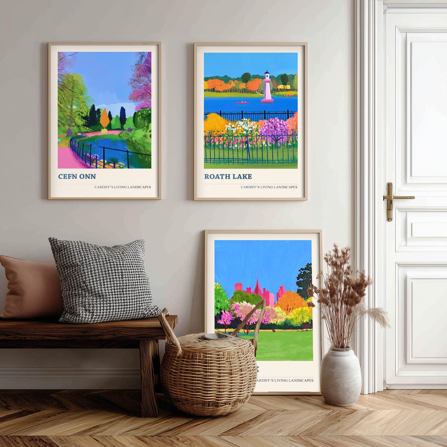 Cardiff Parks Set of Three Art Prints | Cefn Onn Roath Lake Bute Park | Bold Cardiff Landscape Painting Wall Poster Wales