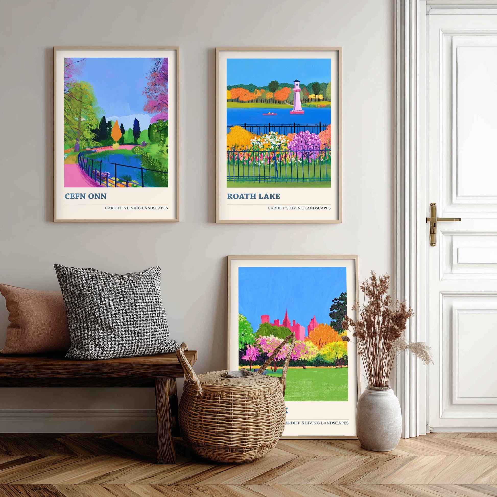 Cardiff Parks Set of Three Art Prints | Cefn Onn Roath Lake Bute Park | Bold Cardiff Landscape Painting Wall Poster Wales